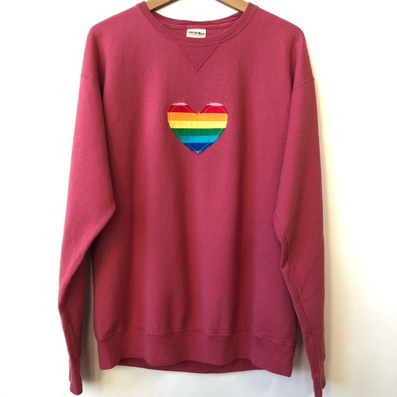 Pride Rainbow Heart Patchwork Sweatshirt Sticker and Pin Set Vintage Red Large - Picture 6 of 7